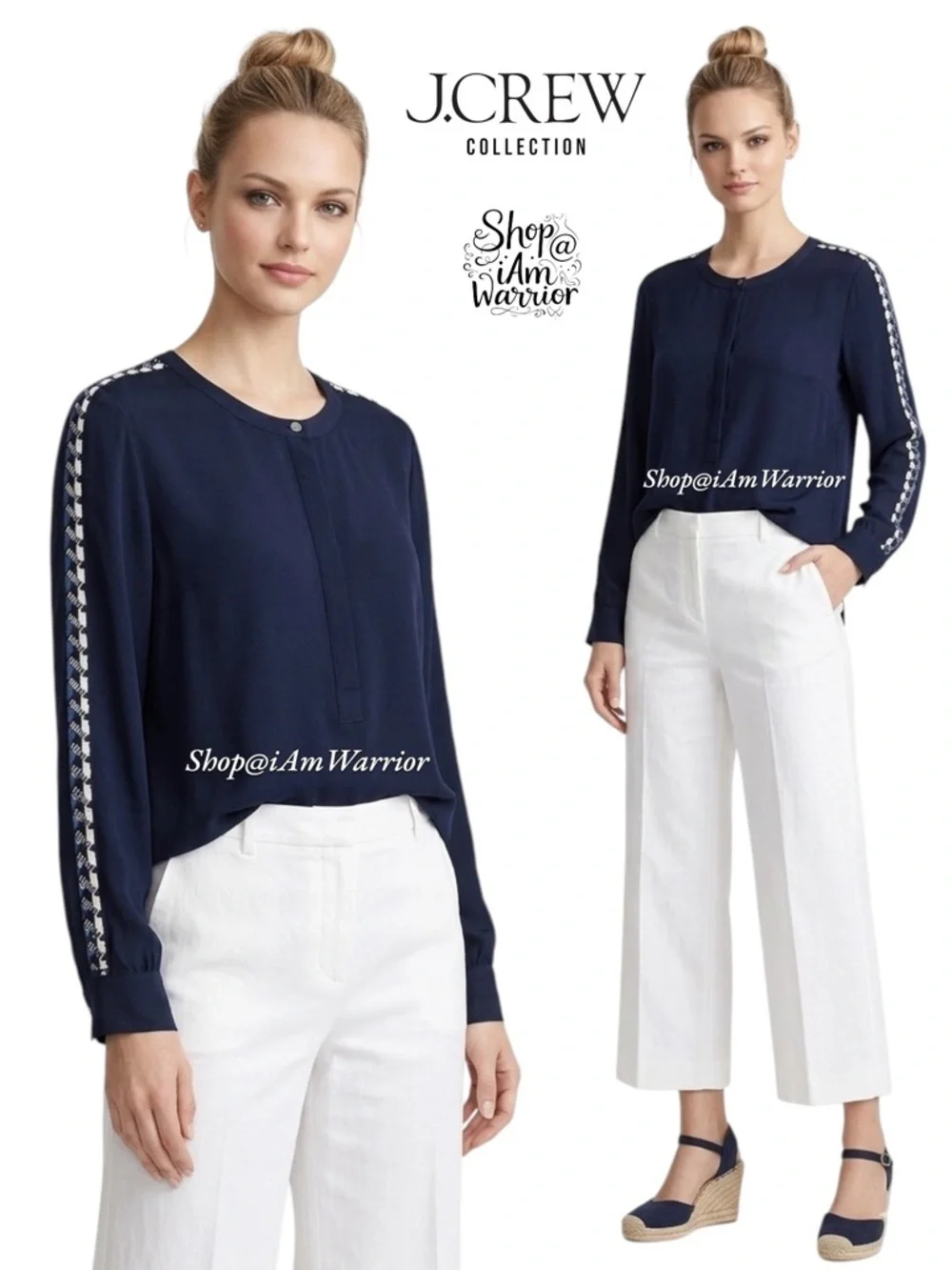J.Crew Collection NWT rare navy silk embellished sleeve blouse *shop@iamwarrior